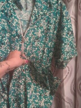 Zara Teal Green Floral Zip-Front Jumpsuit